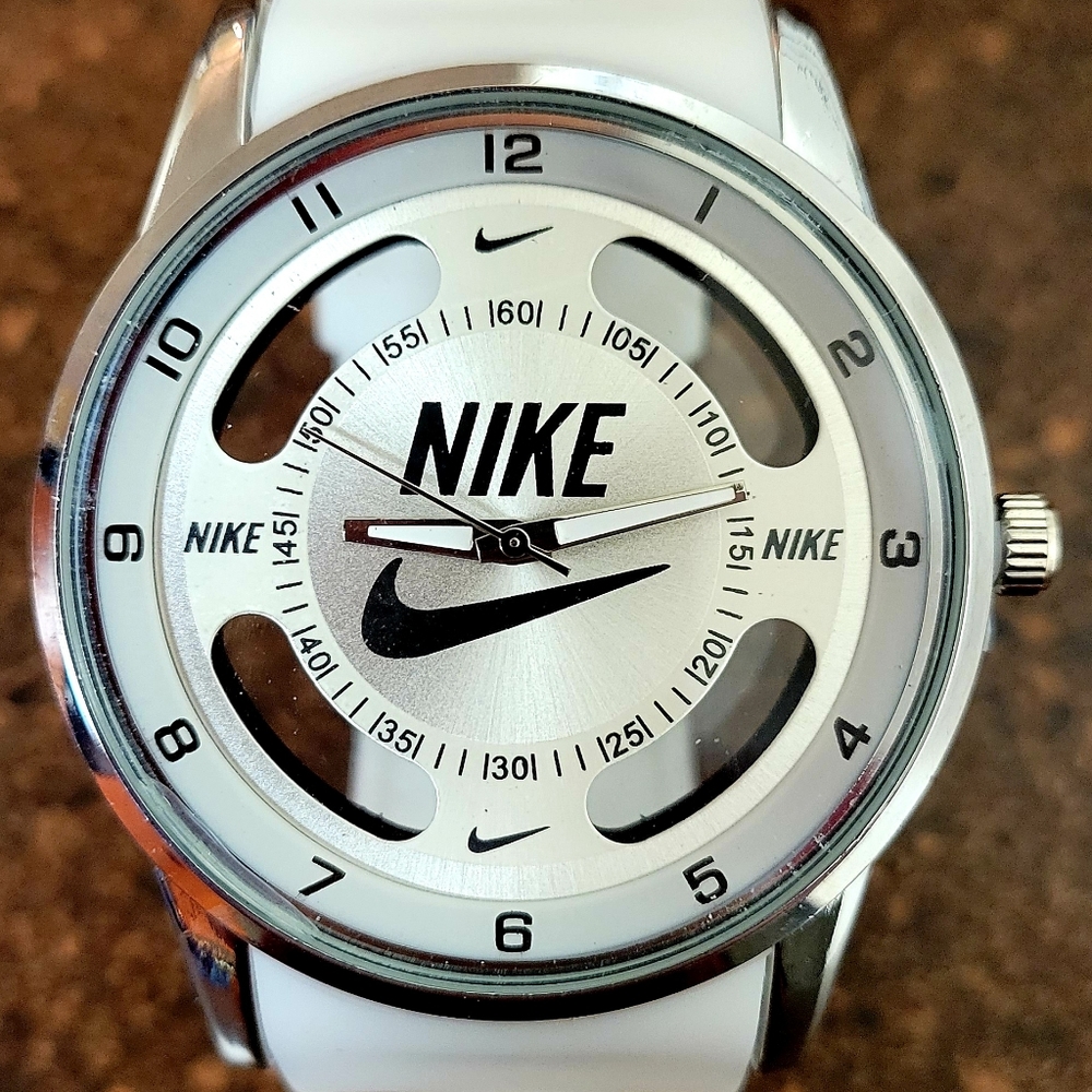 Nike Watch Hollow Analog Sports Silicone White Band Silver Face Adult Size Men's